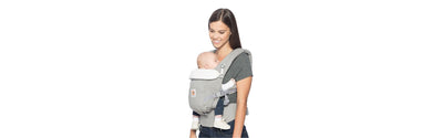  woman wearing a baby carrier to hold infant