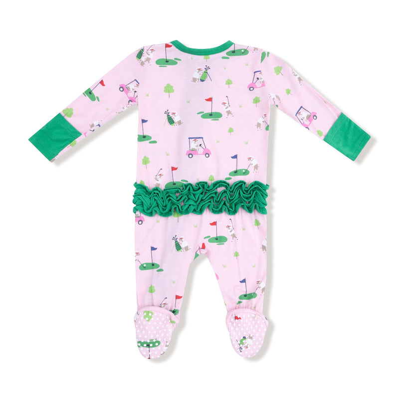 2 Way Zipper Ruffle Back Footie - Dog Gone Golf Pink