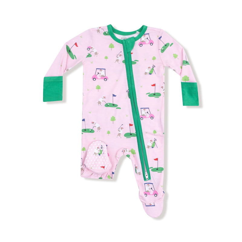 2 Way Zipper Ruffle Back Footie - Dog Gone Golf Pink