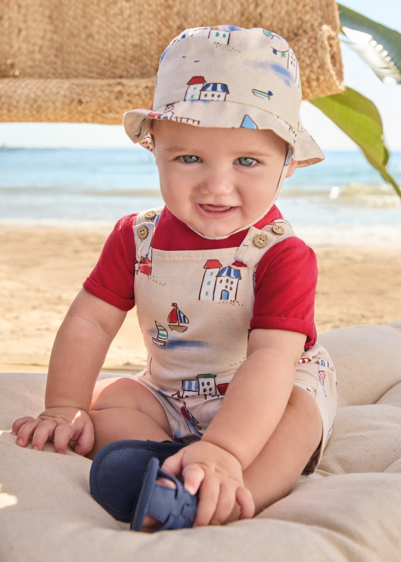 3-Piece Set Shirt, Overalls with Bucket Hat - Red Coastal