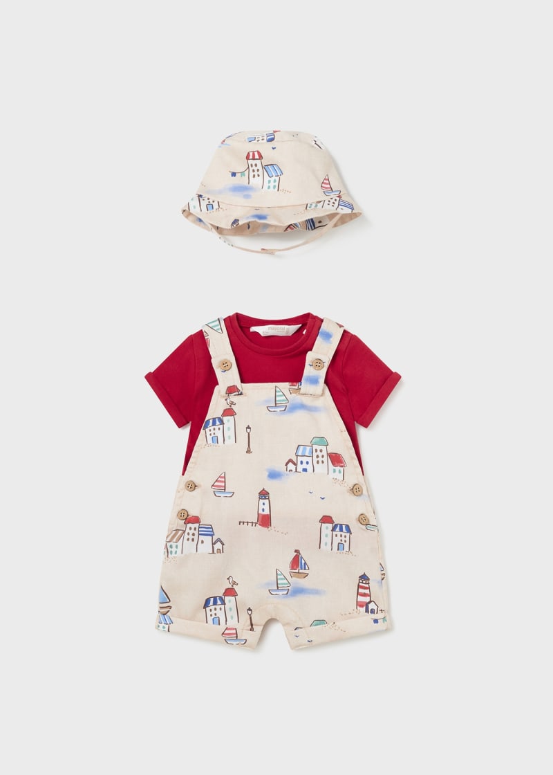 3-Piece Set Shirt, Overalls with Bucket Hat - Red Coastal