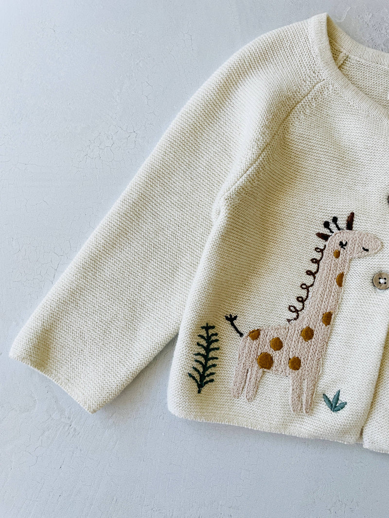 Animal Safari Embroidered Baby Cardigan Sweater (Organic) / Natural