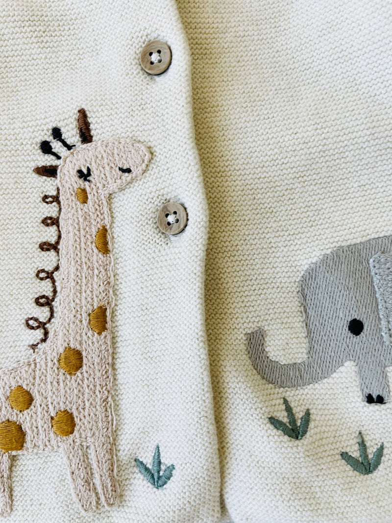 Animal Safari Embroidered Baby Cardigan Sweater (Organic) / Natural