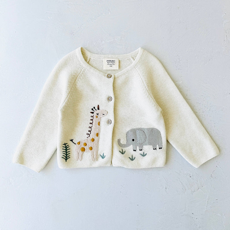 Animal Safari Embroidered Baby Cardigan Sweater (Organic) / Natural