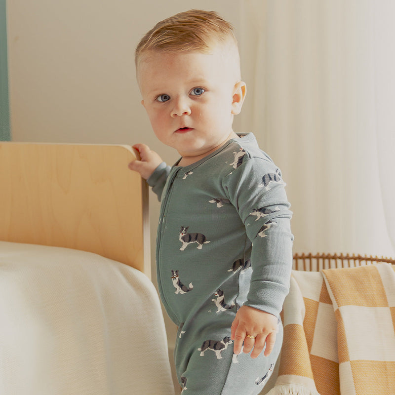 Australian Shepherd Print on Dark Teal Convertible Sleeper (12Mo, 24Mo)