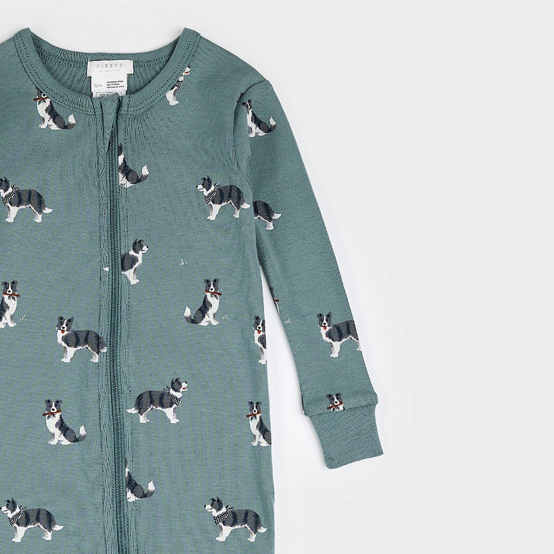 Australian Shepherd Print on Dark Teal Convertible Sleeper (12Mo, 24Mo)