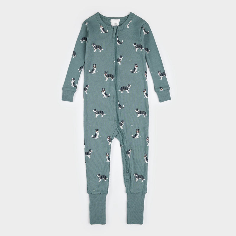 Australian Shepherd Print on Dark Teal Convertible Sleeper (12Mo, 24Mo)