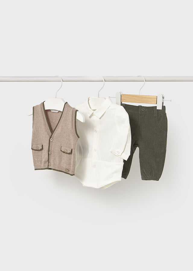Baby 3-Piece Polo Onesie, Pants and Sweater Vest Set - Pickle Green