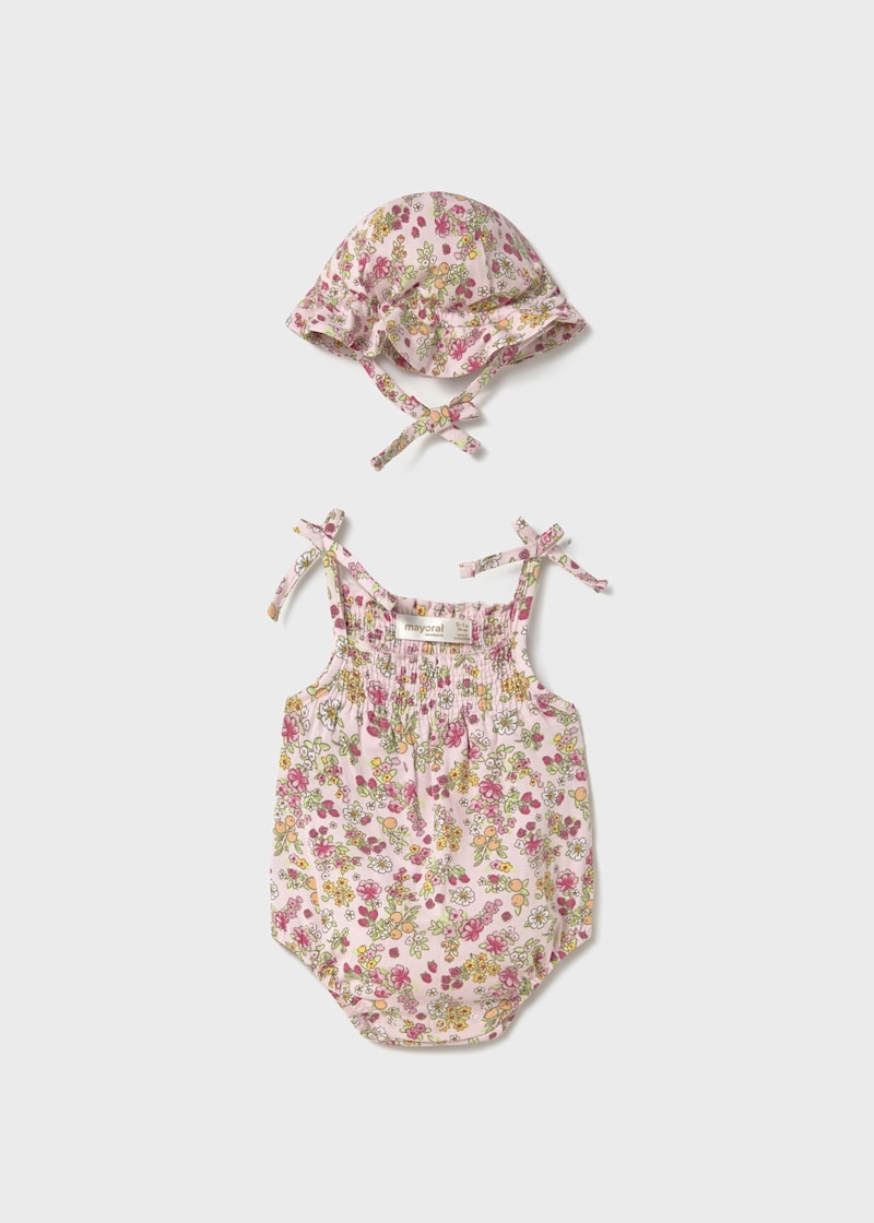 Baby Floral Dungaree with Hat - Baby Pink Floral (4-6Mo, 12Mo)
