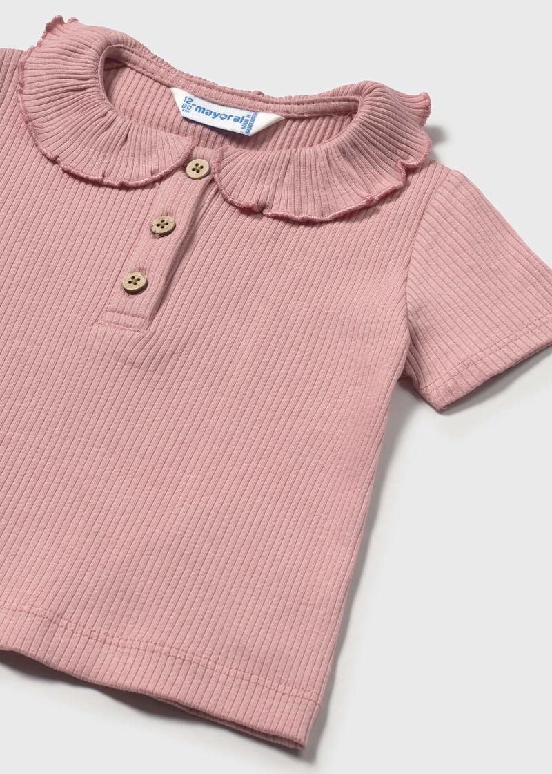 Baby + Girl Ribbed Polo with Ruffled Collar - Rosy