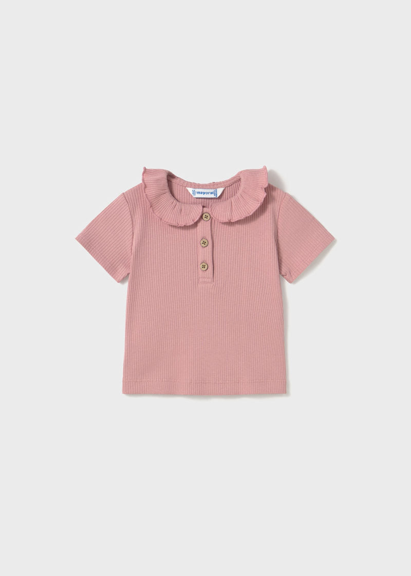 Baby + Girl Ribbed Polo with Ruffled Collar - Rosy