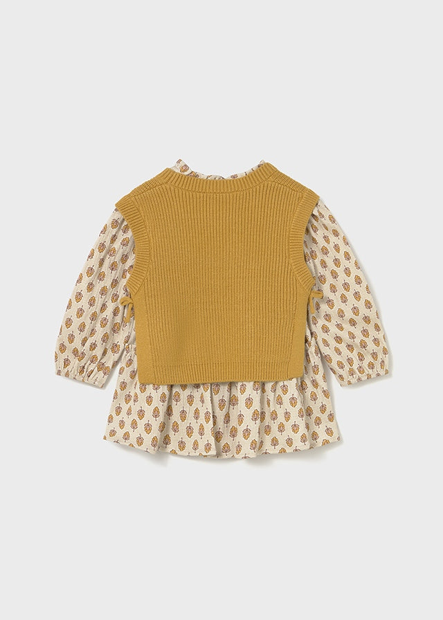 Baby + Toddler Dress with Faux Knit Vest - Honey Heather