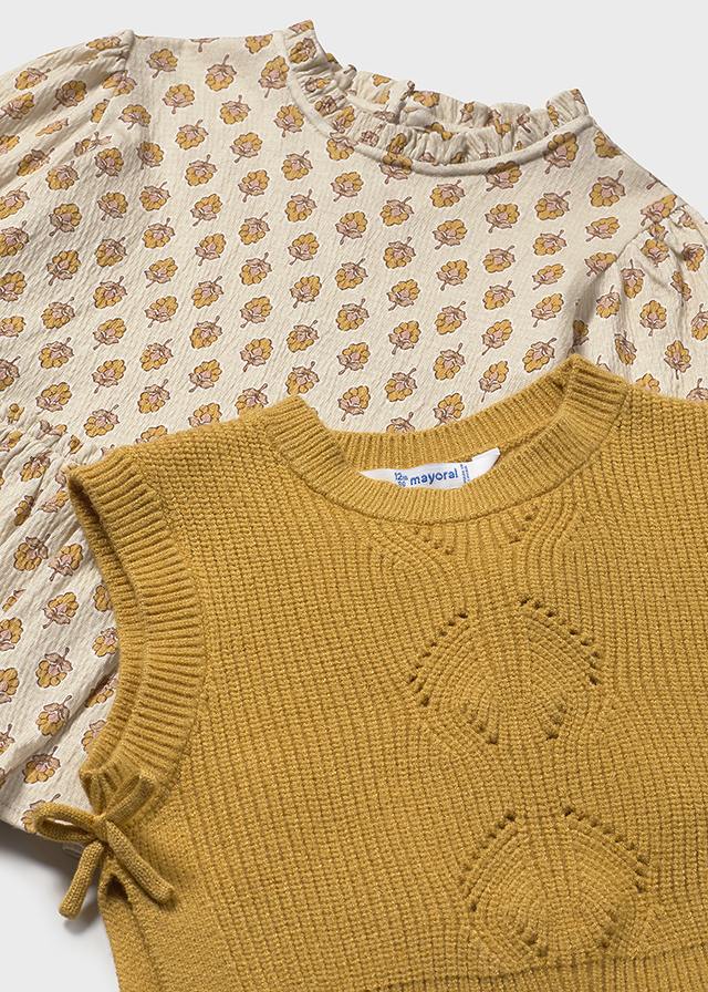 Baby + Toddler Dress with Faux Knit Vest - Honey Heather