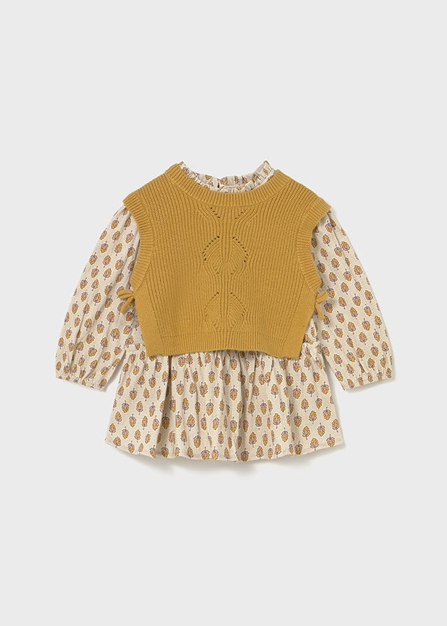 Baby + Toddler Dress with Faux Knit Vest - Honey Heather