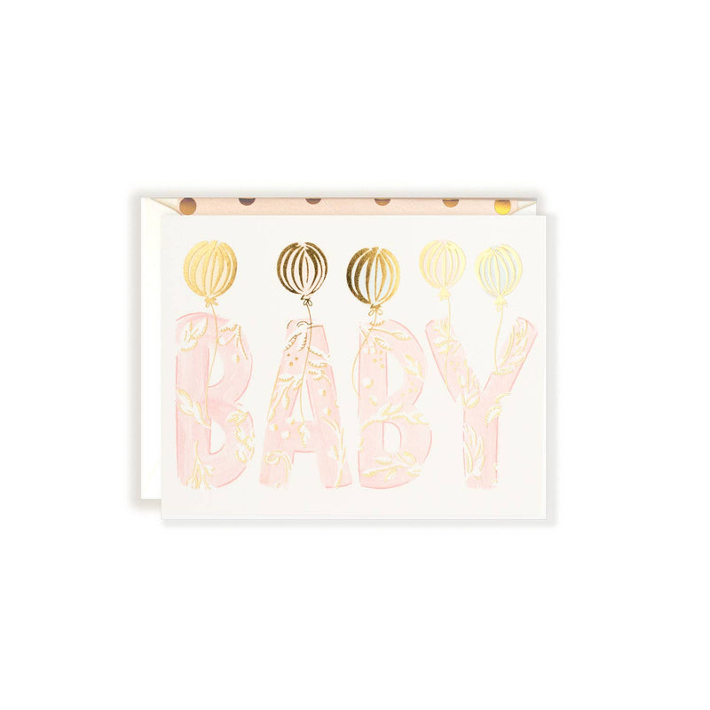 Baby with Gold Foil Letters Balloons Blush Greeting Card