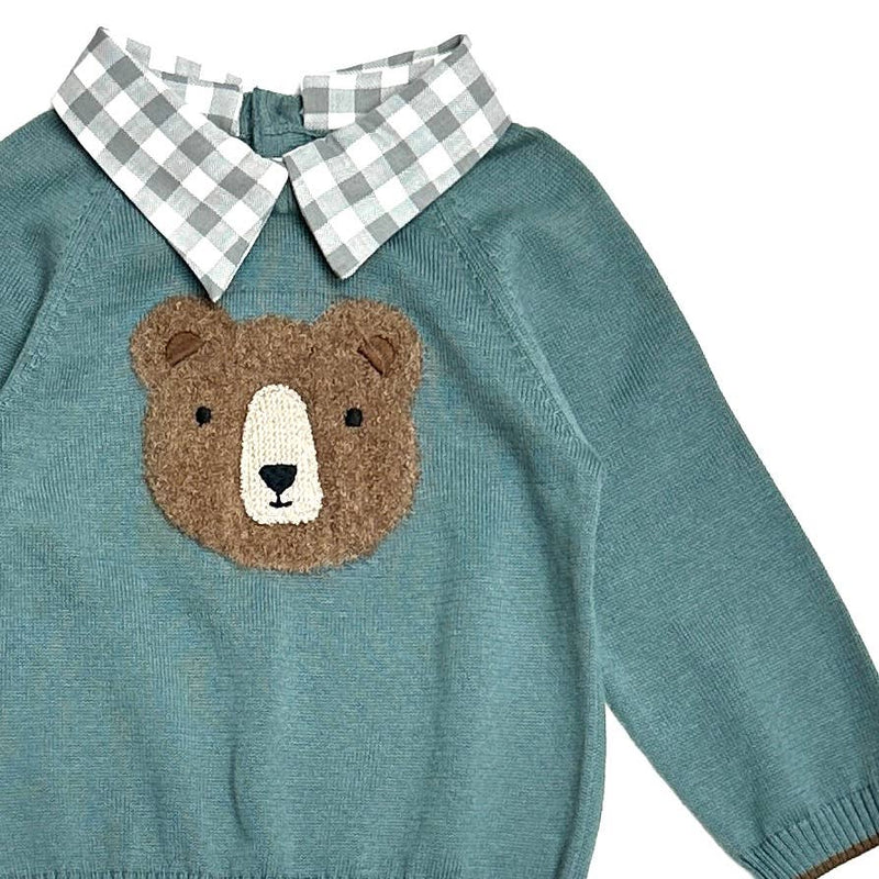 Bear Check Collar Pullover Baby Sweater (Organic Cotton)/ Teal Blue