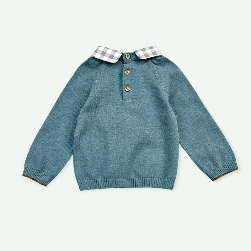 Bear Check Collar Pullover Baby Sweater (Organic Cotton)/ Teal Blue