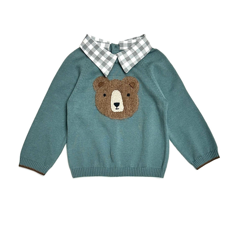 Bear Check Collar Pullover Baby Sweater (Organic Cotton)/ Teal Blue