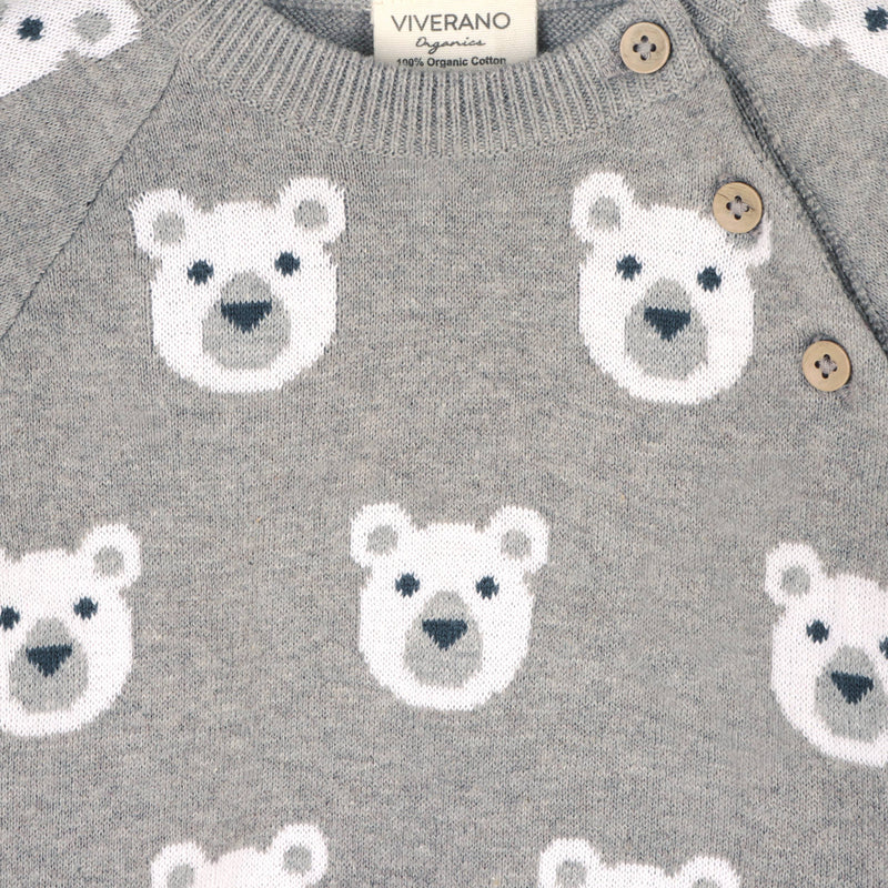 Bear Jacquard Knit Baby Raglan Pullover Sweater (Organic) / Heather Grey