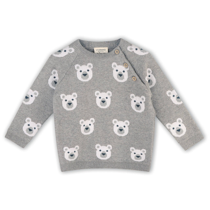 Bear Jacquard Knit Baby Raglan Pullover Sweater (Organic) / Heather Grey (6-12 Mo)