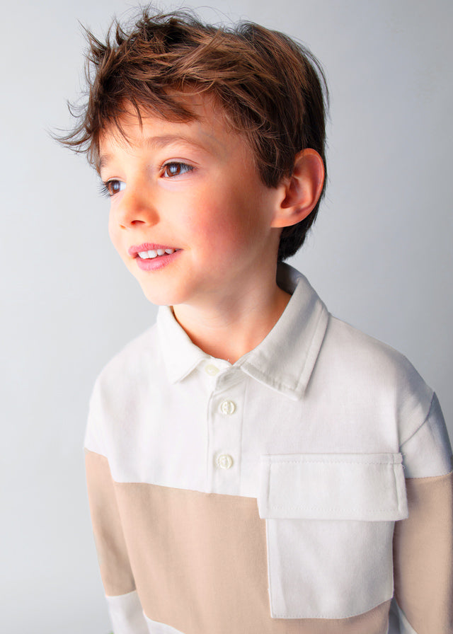 Boy Striped Knit Polo Shirt - Cream
