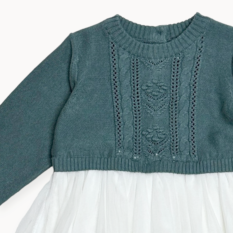 Cable Floral Sweater Knit Top & Tutu Baby Dress (Organic): Teal Blue (0-3 Mo, 6-12 Mo)