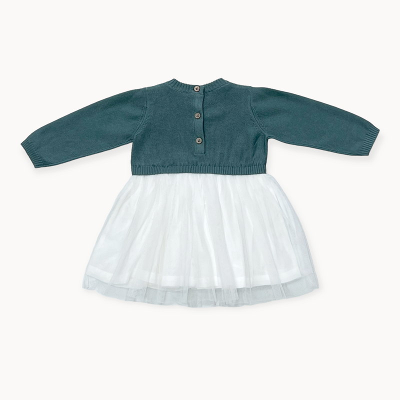 Cable Floral Sweater Knit Top & Tutu Baby Dress (Organic): Teal Blue (0-3 Mo, 6-12 Mo)