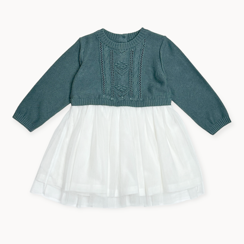 Cable Floral Sweater Knit Top & Tutu Baby Dress (Organic): Teal Blue (0-3 Mo, 6-12 Mo)