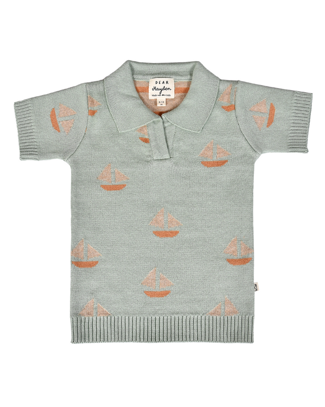 Cameron Knit Polo - Seafoam Sailboats