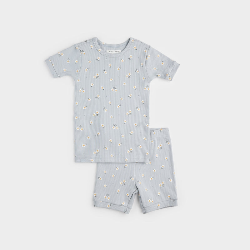 Daisy Print on Ribbed Pearl Blue Summer PJ Set (4T)