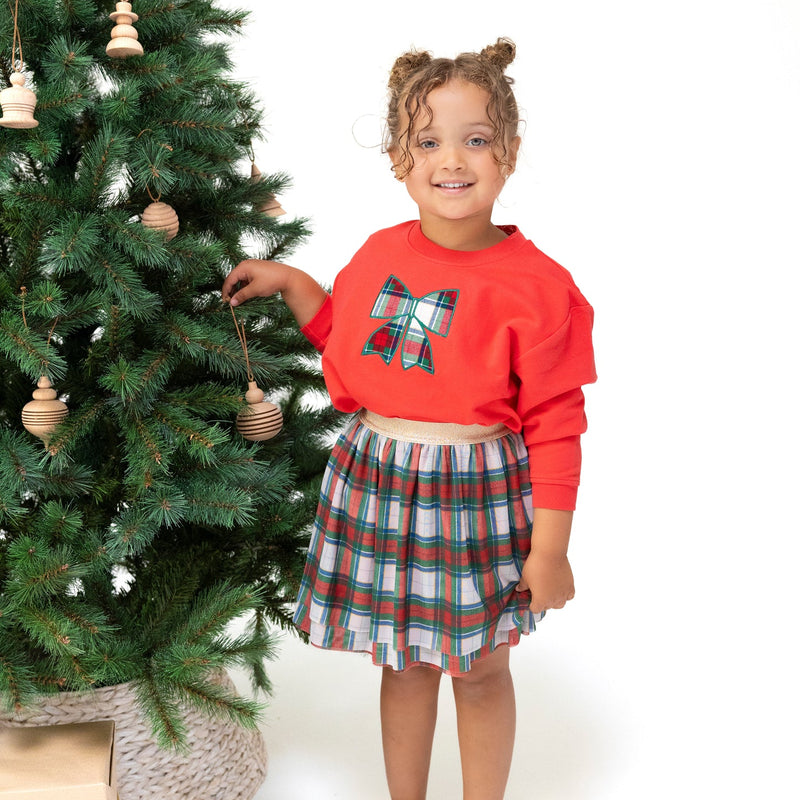 Drop Sleeve Bow Sweatshirt with Rib Cuffs - Holiday Plaid Bow