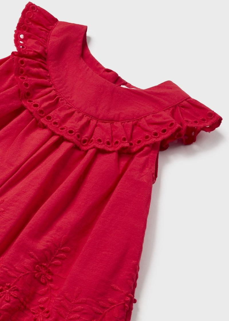 Embroidered Poplin Dress - Red