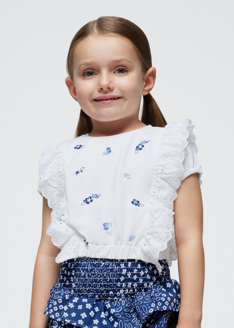 Embroidered Ruffle T-Shirt - Blue Flowers