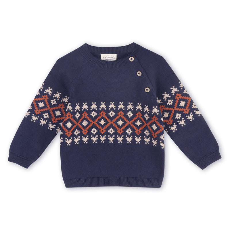 Fair Isle Raglan Sleeve Baby Pullover Sweater (Organic): Navy Blue (0-3 Mo)