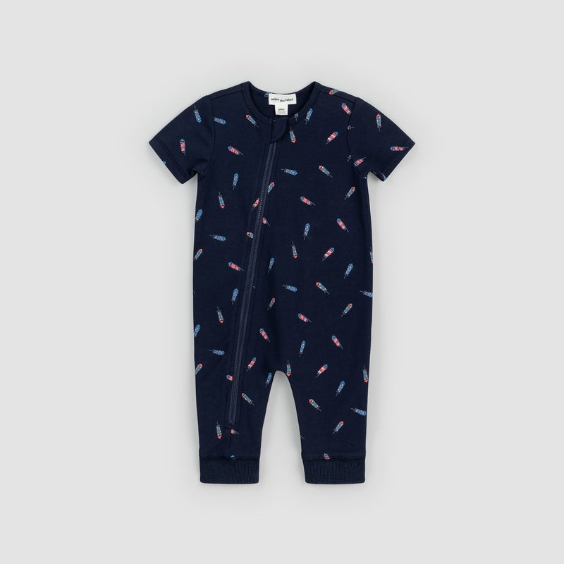 Firecracker Print on Navy Short-Sleeve Zipsuit