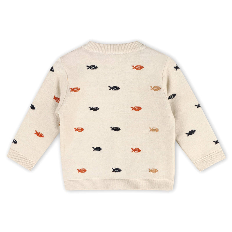 Fishes Jacquard Knit Baby Pullover Sweater (Organic )Cotton): Stone (0-3 mo, 12-18 mo)