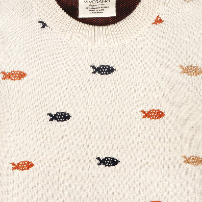 Fishes Jacquard Knit Baby Pullover Sweater (Organic )Cotton): Stone (0-3 mo, 12-18 mo)