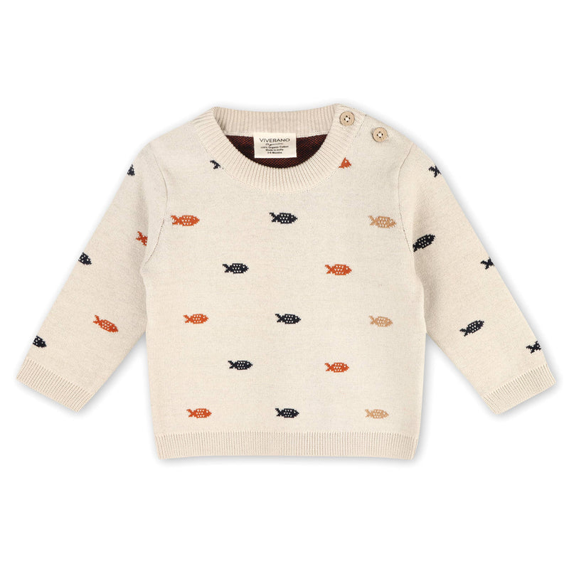 Fishes Jacquard Knit Baby Pullover Sweater (Organic )Cotton): Stone (0-3 mo, 12-18 mo)