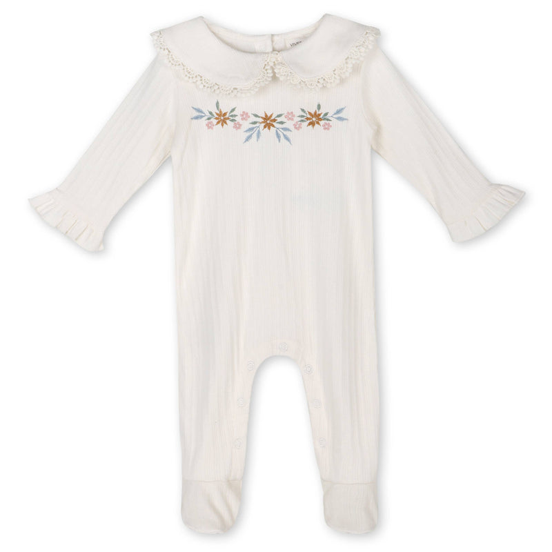 Floral Embroidered Pointelle & Ruffle Baby Footie