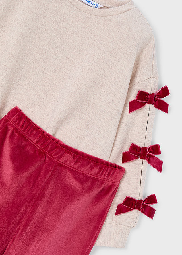 Girl 2-Piece Bow Sweatshirt and Leggings Set - Cherry Red