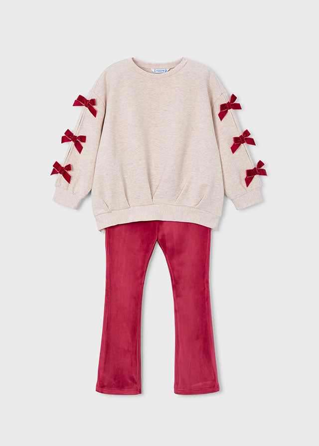 Girl 2-Piece Bow Sweatshirt and Leggings Set - Cherry Red
