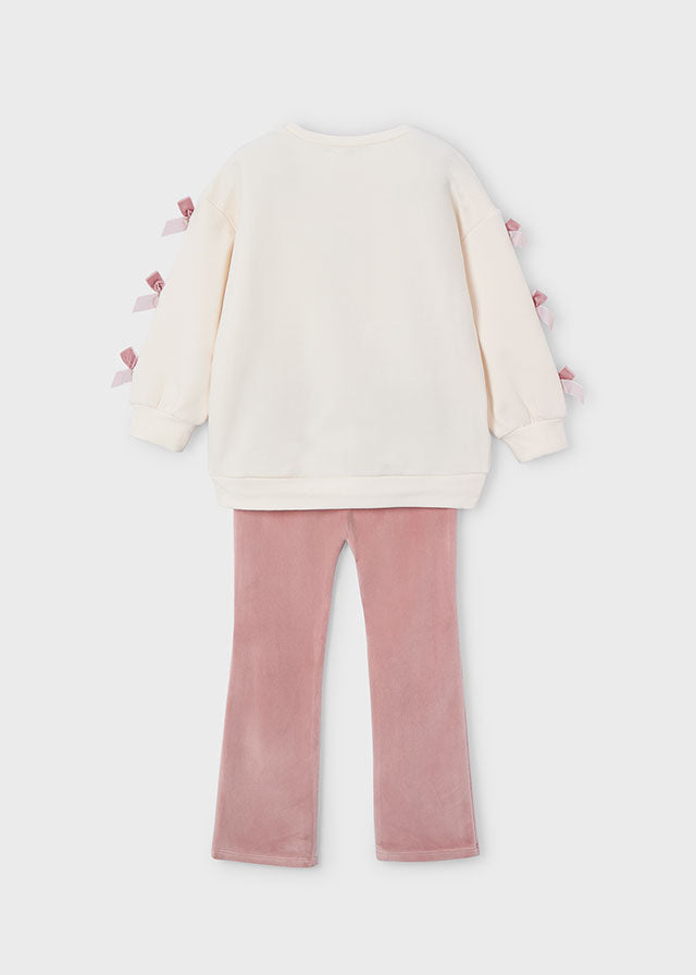 Girl 2-Piece Bow Sweatshirt and Leggings Set - Pink and Cream