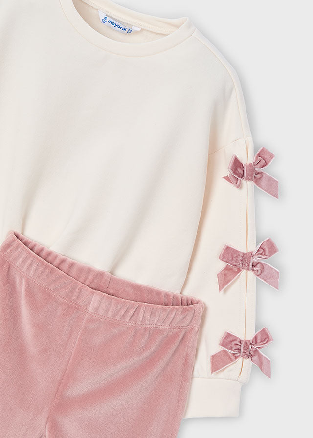 Girl 2-Piece Bow Sweatshirt and Leggings Set - Pink and Cream