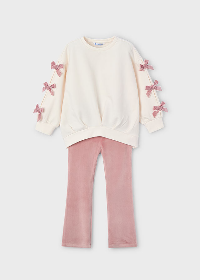 Girl 2-Piece Bow Sweatshirt and Leggings Set - Pink and Cream