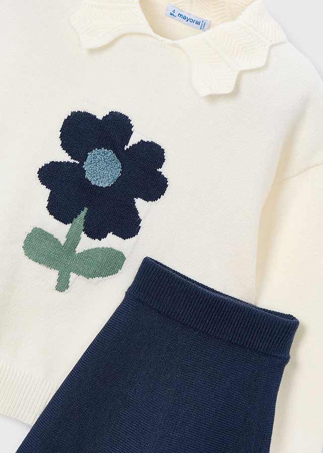 Girl 2-Piece Knit Sweater + Skirt Set - Blue Flower