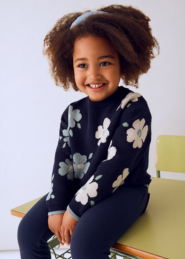 Girl Jacquard Sweater - Blue and Cream Floral