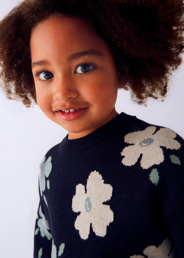 Girl Jacquard Sweater - Blue and Cream Floral