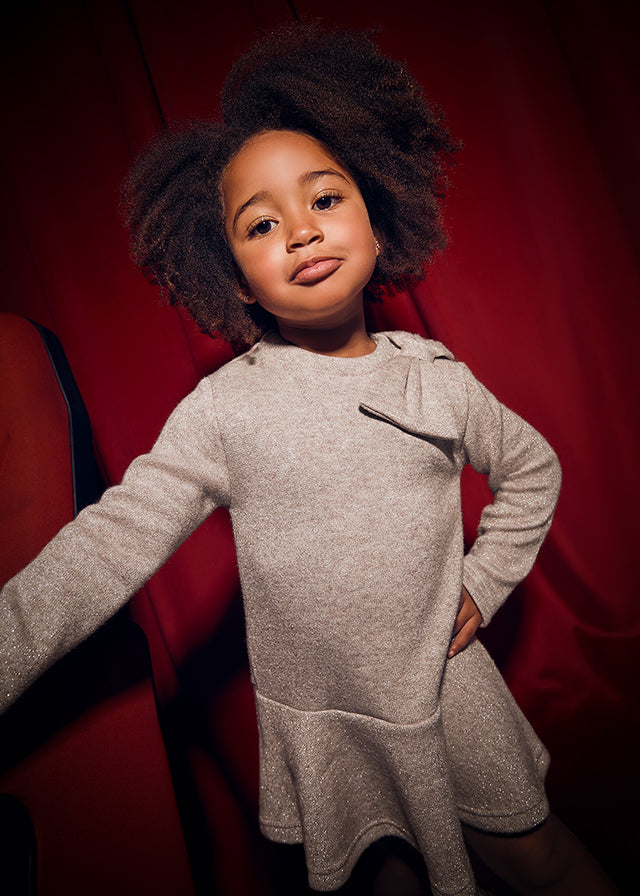 Girl Knit Bow Dress - Heather Toffee