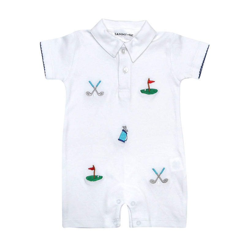 Golf Embroidered Polo Summer Romper in Blue