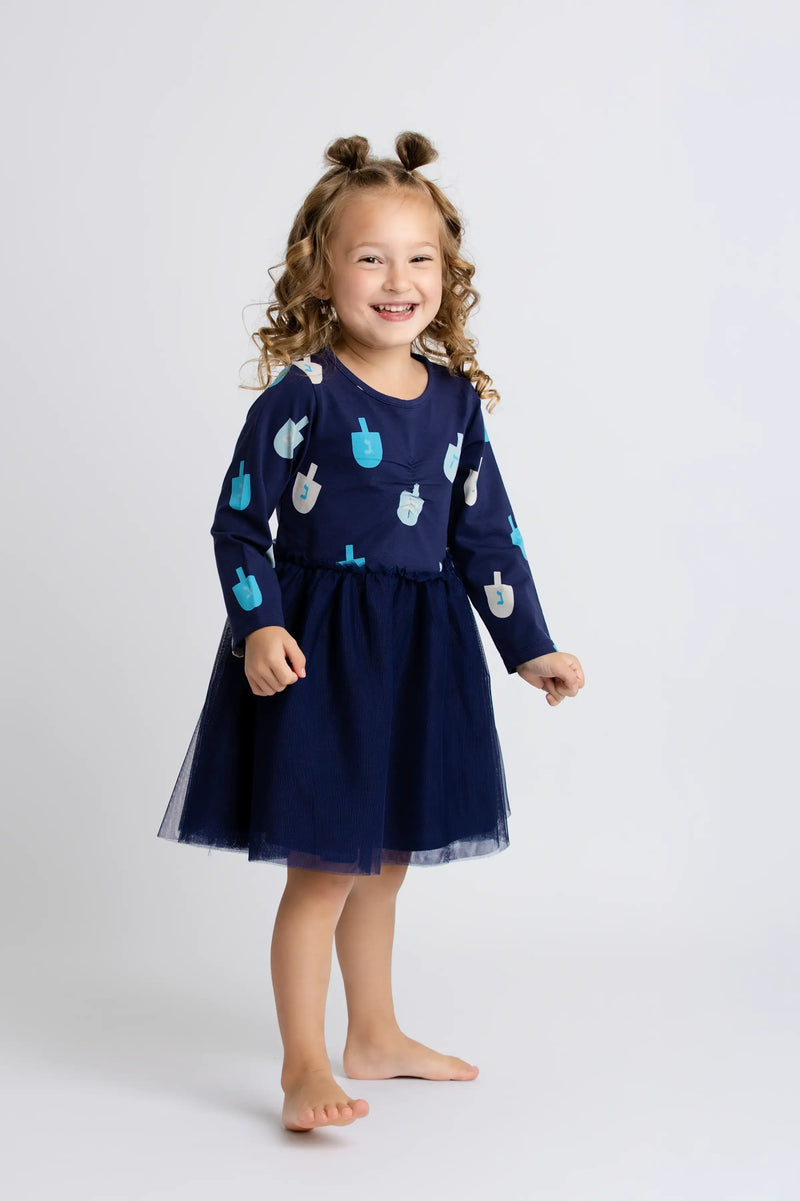 Holiday Kids Long Sleeve Tulle Dress - Hanukkah Dreidels